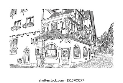 Building view with landmark of Riquewihr is a town on the Alsace Wine Route in eastern France. Hand drawn sketch illustration in vector.