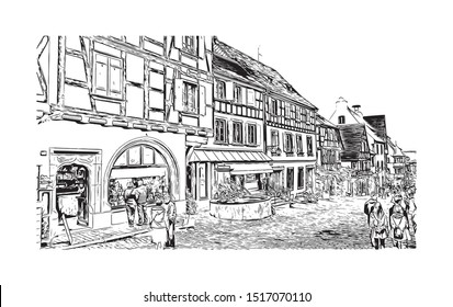 Building view with landmark of Riquewihr is a town on the Alsace Wine Route in eastern France. Hand drawn sketch illustration in vector.
