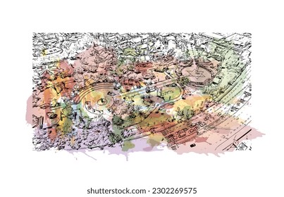Construir vistas con el punto de referencia de Rishon Lezion es una ciudad en Israel. Salto de color de agua con ilustración de esbozo dibujada a mano en vector.