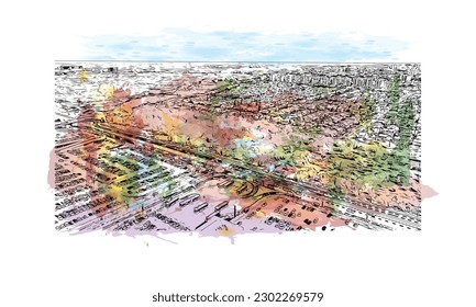 Building view with landmark of  Rishon Lezion is a city in Israel. Watercolor splash with hand drawn sketch illustration in vector.