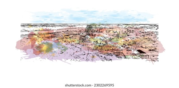 Building view with landmark of  Rishon Lezion is a city in Israel. Watercolor splash with hand drawn sketch illustration in vector.