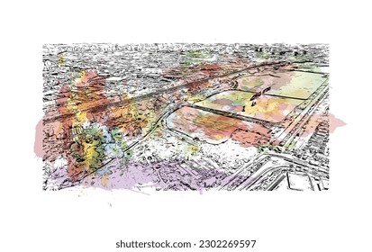 Building view with landmark of  Rishon Lezion is a city in Israel. Watercolor splash with hand drawn sketch illustration in vector.