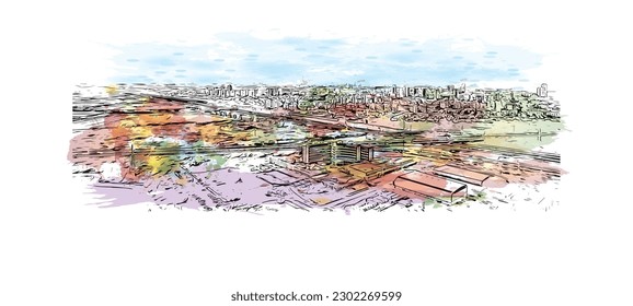 Der Bau mit Wahrzeichen von Rishon Lezion ist eine Stadt in Israel. Aquarellspritzer mit handgezeichneter Skizzengrafik in Vektorgrafik.