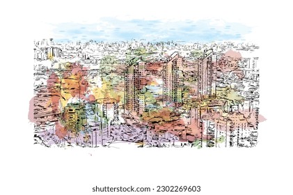 Building view with landmark of  Rishon Lezion is a city in Israel. Watercolor splash with hand drawn sketch illustration in vector.