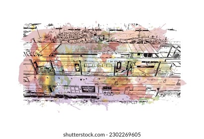 Der Bau mit Wahrzeichen von Rishon Lezion ist eine Stadt in Israel. Aquarellspritzer mit handgezeichneter Skizzengrafik in Vektorgrafik.