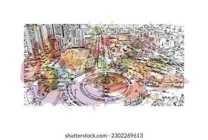 Der Bau mit Wahrzeichen von Rishon Lezion ist eine Stadt in Israel. Aquarellspritzer mit handgezeichneter Skizzengrafik in Vektorgrafik.