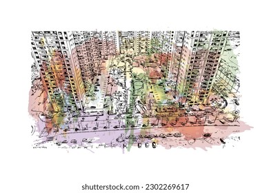 Building view with landmark of  Rishon Lezion is a city in Israel. Watercolor splash with hand drawn sketch illustration in vector.