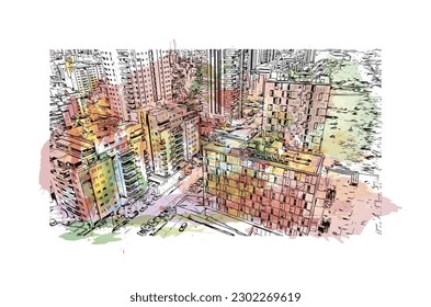 Building view with landmark of  Rishon Lezion is a city in Israel. Watercolor splash with hand drawn sketch illustration in vector.