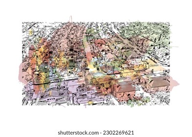 Building view with landmark of  Rishon Lezion is a city in Israel. Watercolor splash with hand drawn sketch illustration in vector.