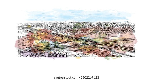 Building view with landmark of  Rishon Lezion is a city in Israel. Watercolor splash with hand drawn sketch illustration in vector.