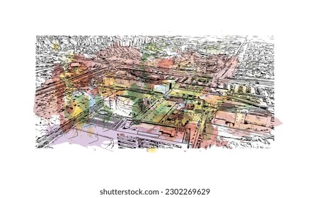 Building view with landmark of  Rishon Lezion is a city in Israel. Watercolor splash with hand drawn sketch illustration in vector.