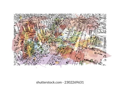 Building view with landmark of  Rishon Lezion is a city in Israel. Watercolor splash with hand drawn sketch illustration in vector.