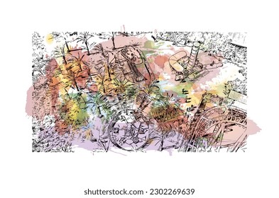Building view with landmark of  Rishon Lezion is a city in Israel. Watercolor splash with hand drawn sketch illustration in vector.