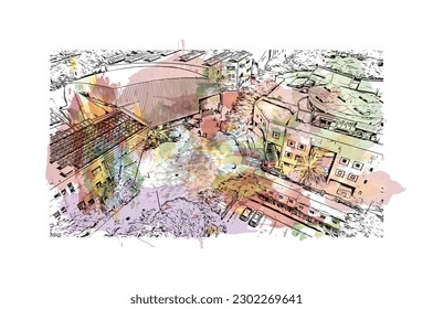 Building view with landmark of  Rishon Lezion is a city in Israel. Watercolor splash with hand drawn sketch illustration in vector.