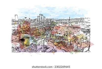 Building view with landmark of  Rishon Lezion is a city in Israel. Watercolor splash with hand drawn sketch illustration in vector.
