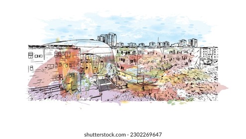 Construir vistas con el punto de referencia de Rishon Lezion es una ciudad en Israel. Salto de color de agua con ilustración de esbozo dibujada a mano en vector.