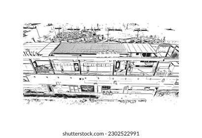 Construir vistas con el punto de referencia de Rishon Lezion es una ciudad en Israel. Dibujo a mano de ilustración de esbozo en vector.