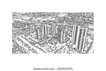 Building view with landmark of  Rishon Lezion is a city in Israel. Hand drawn sketch illustration in vector.