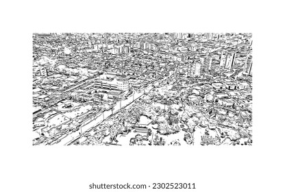 Building view with landmark of  Rishon Lezion is a city in Israel. Hand drawn sketch illustration in vector.