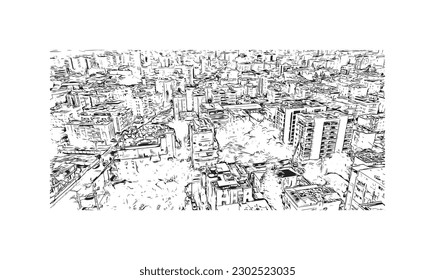 Building view with landmark of  Rishon Lezion is a city in Israel. Hand drawn sketch illustration in vector.