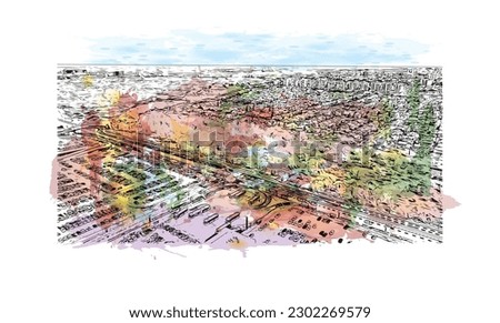 Building view with landmark of  Rishon Lezion is a city in Israel. Watercolor splash with hand drawn sketch illustration in vector.