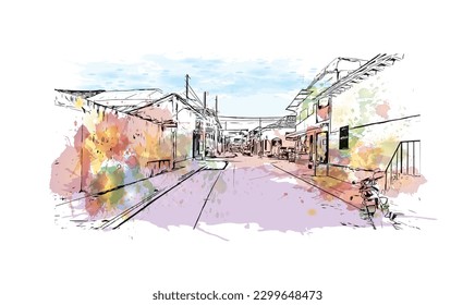 Building view with landmark of  Rivas is the city in Nicaragua. Watercolor splash with hand drawn sketch illustration in vector.