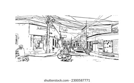 Building view with landmark of  Rivas is the city in Nicaragua. Hand drawn sketch illustration in vector.