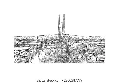 La ciudad de Nicaragua es la construcción de vistas a Rivas. Dibujo a mano de ilustración de esbozo en vector.