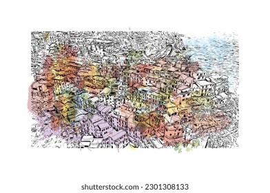 Building view with landmark of  Riviera Maya is a tourism and resort in Mexico.  Watercolor splash with hand drawn sketch illustration in vector.