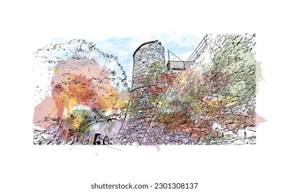 Construir vistas con el punto de referencia de la Riviera Maya es un complejo turístico en México.  Salto de color de agua con ilustración de esbozo dibujada a mano en vector.