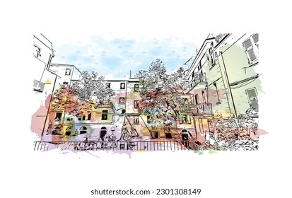 Construir vistas con el punto de referencia de la Riviera Maya es un complejo turístico en México.  Salto de color de agua con ilustración de esbozo dibujada a mano en vector.