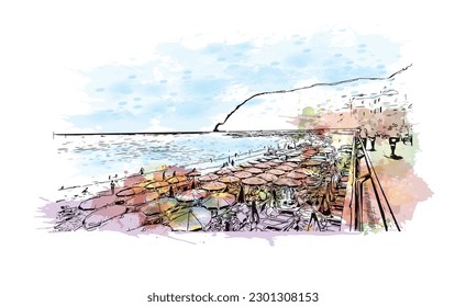 Construir vistas con el punto de referencia de la Riviera Maya es un complejo turístico en México.  Salto de color de agua con ilustración de esbozo dibujada a mano en vector.