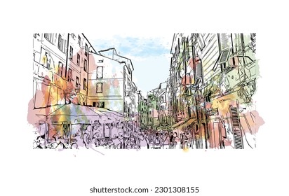 Building view with landmark of  Riviera Maya is a tourism and resort in Mexico.  Watercolor splash with hand drawn sketch illustration in vector.