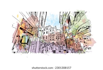 Building view with landmark of  Riviera Maya is a tourism and resort in Mexico.  Watercolor splash with hand drawn sketch illustration in vector.