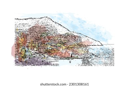 Building view with landmark of  Riviera Maya is a tourism and resort in Mexico.  Watercolor splash with hand drawn sketch illustration in vector.