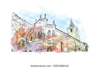 Building view with landmark of  Riviera Maya is a tourism and resort in Mexico.  Watercolor splash with hand drawn sketch illustration in vector.