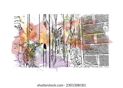 Construir vistas con el punto de referencia de la Riviera Maya es un complejo turístico en México.  Salto de color de agua con ilustración de esbozo dibujada a mano en vector.