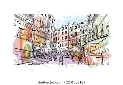 Construir vistas con el punto de referencia de la Riviera Maya es un complejo turístico en México.  Salto de color de agua con ilustración de esbozo dibujada a mano en vector.