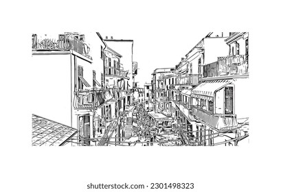 Construir vistas con el punto de referencia de la Riviera Maya es un complejo turístico en México. Dibujo a mano de ilustración de esbozo en vector.