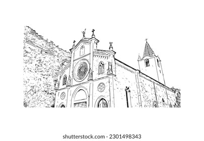 Building view with landmark of  Riviera Maya is a tourism and resort in Mexico. Hand drawn sketch illustration in vector.