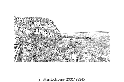 Construir vistas con el punto de referencia de la Riviera Maya es un complejo turístico en México. Dibujo a mano de ilustración de esbozo en vector.