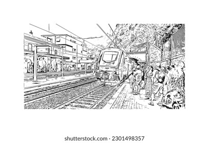 Building view with landmark of  Riviera Maya is a tourism and resort in Mexico. Hand drawn sketch illustration in vector.