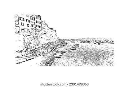 Building view with landmark of  Riviera Maya is a tourism and resort in Mexico. Hand drawn sketch illustration in vector.