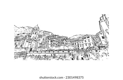 Construir vistas con el punto de referencia de la Riviera Maya es un complejo turístico en México. Dibujo a mano de ilustración de esbozo en vector.