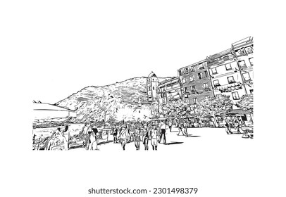 Building view with landmark of  Riviera Maya is a tourism and resort in Mexico. Hand drawn sketch illustration in vector.