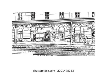 Building view with landmark of  Riviera Maya is a tourism and resort in Mexico. Hand drawn sketch illustration in vector.
