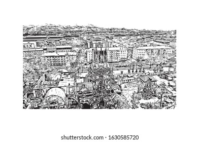 Building view with landmark of rkutsk and Ulan-Ude is the administrative center of Irkutsk Oblast, Russia. Hand drawn sketch illustration in vector.