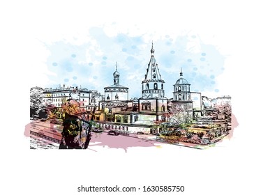 Building view with landmark of rkutsk and Ulan-Ude is the administrative center of Irkutsk Oblast, Russia. Watercolor splash with Hand drawn sketch illustration in vector.