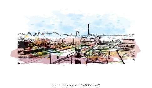 Building view with landmark of rkutsk and Ulan-Ude is the administrative center of Irkutsk Oblast, Russia. Watercolor splash with Hand drawn sketch illustration in vector.