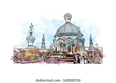 Building view with landmark of rkutsk and Ulan-Ude is the administrative center of Irkutsk Oblast, Russia. Watercolor splash with Hand drawn sketch illustration in vector.
